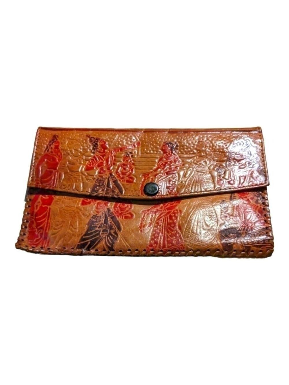 VINTAGE Tooled Artistic Leather Wallet Indian scene